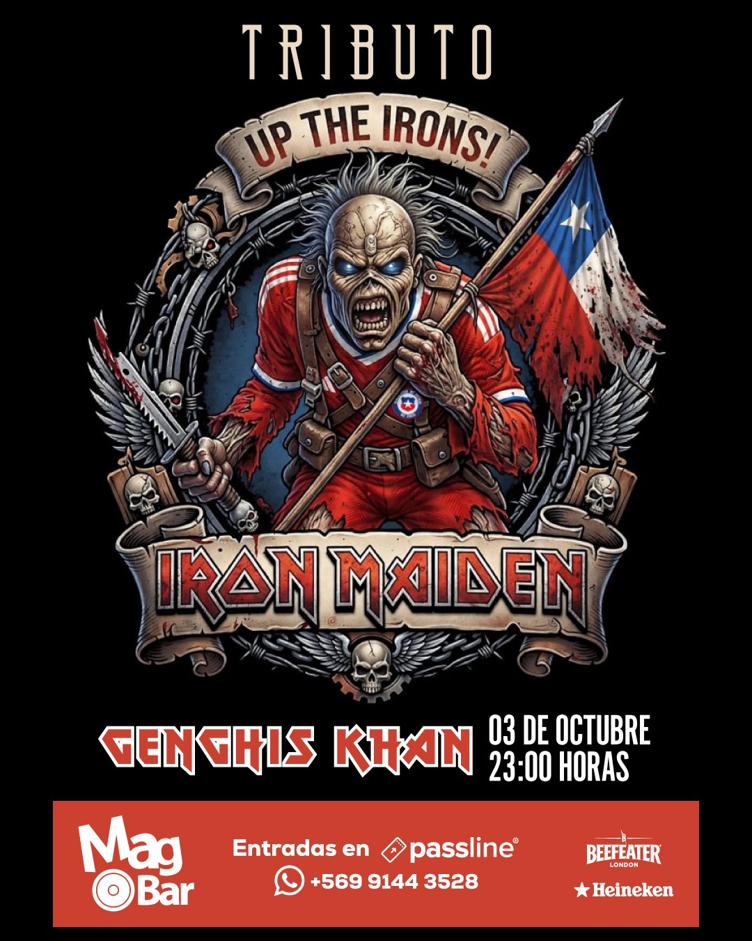 Flyer del tributo a Iron Maiden por Genghis Khan en MagBar